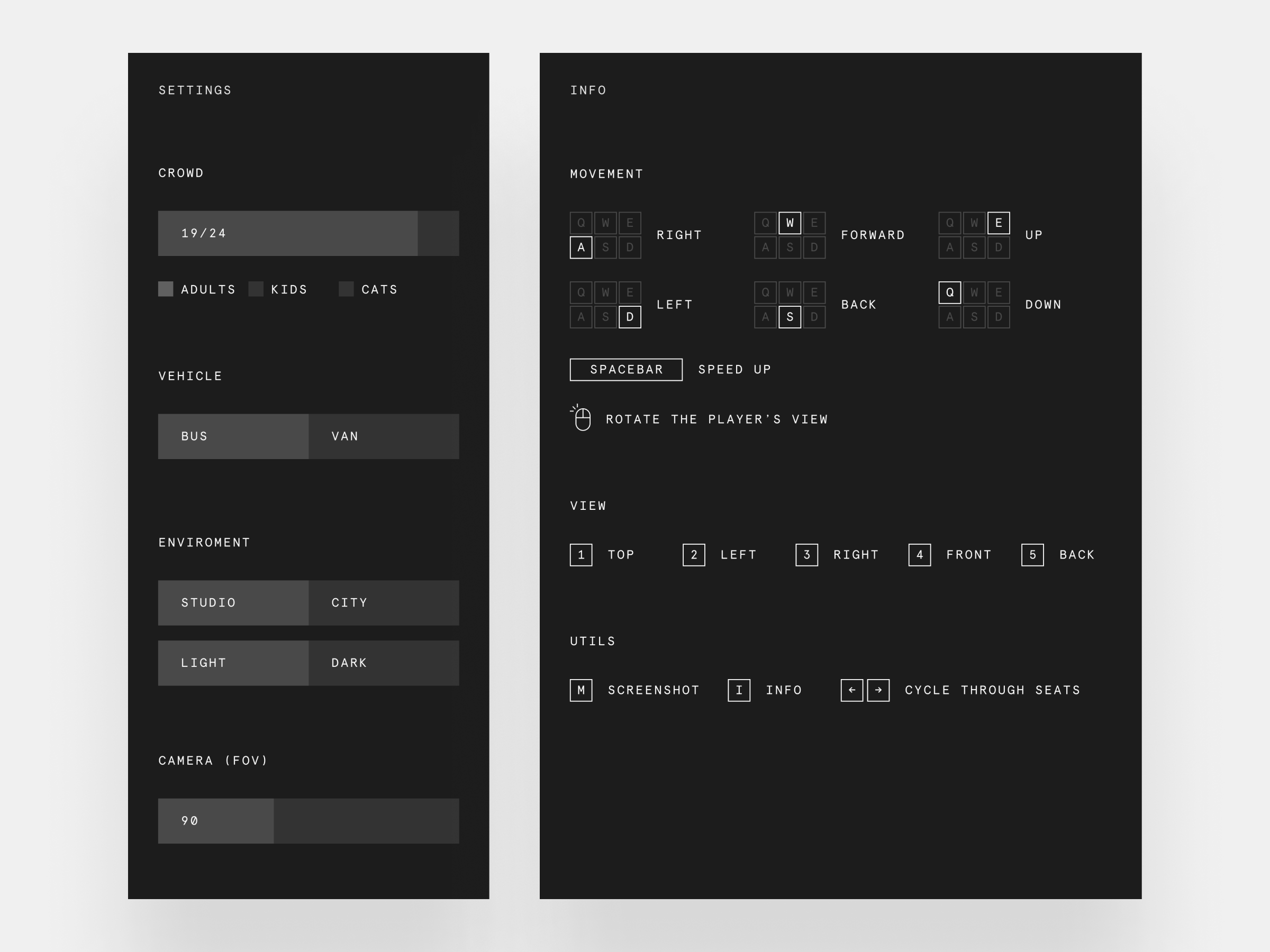 UI Pannels for Settings and Info.